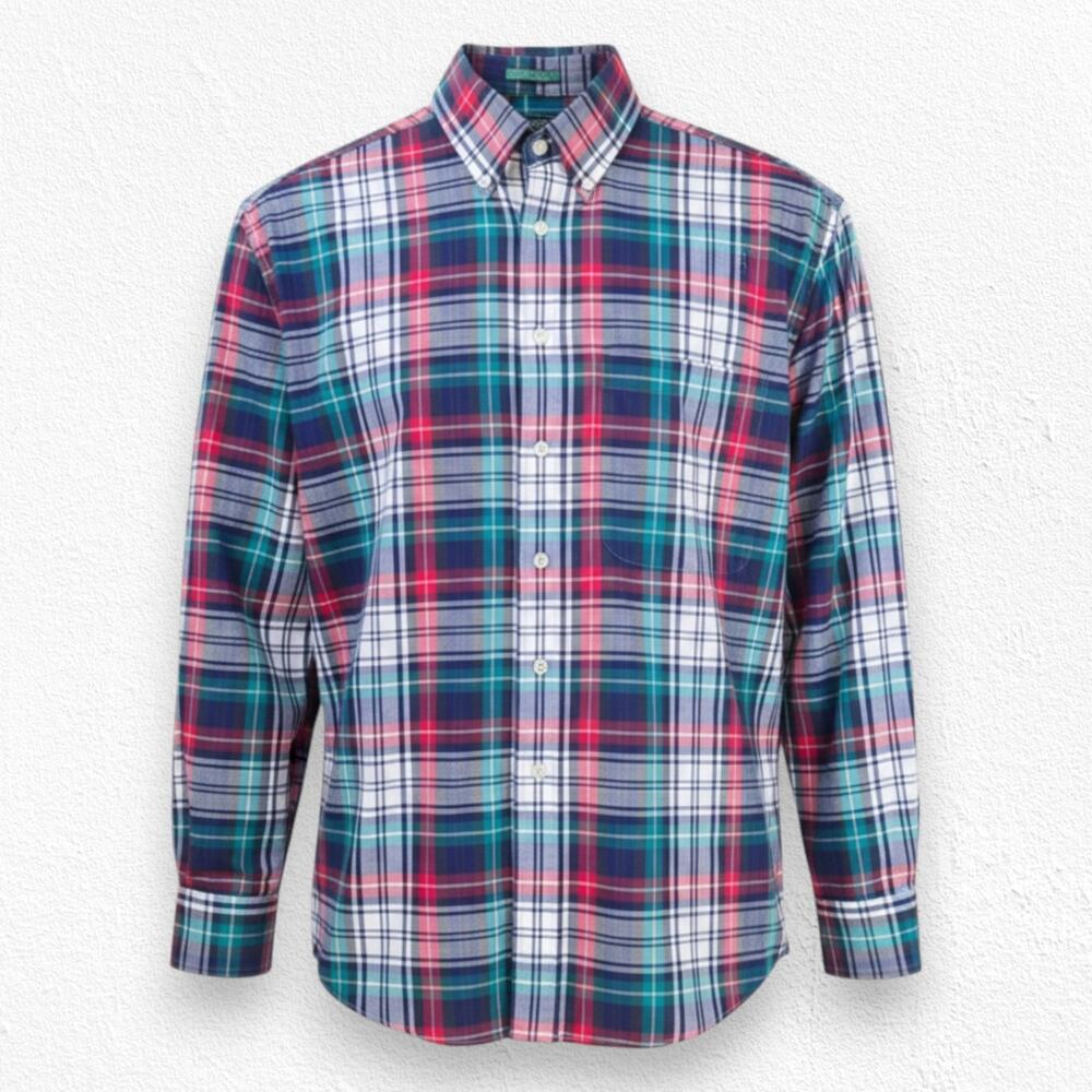 90s Vintage IZOD Teal Red Plaid Preppy Relaxed Fit Button-Down Shirt Size Large